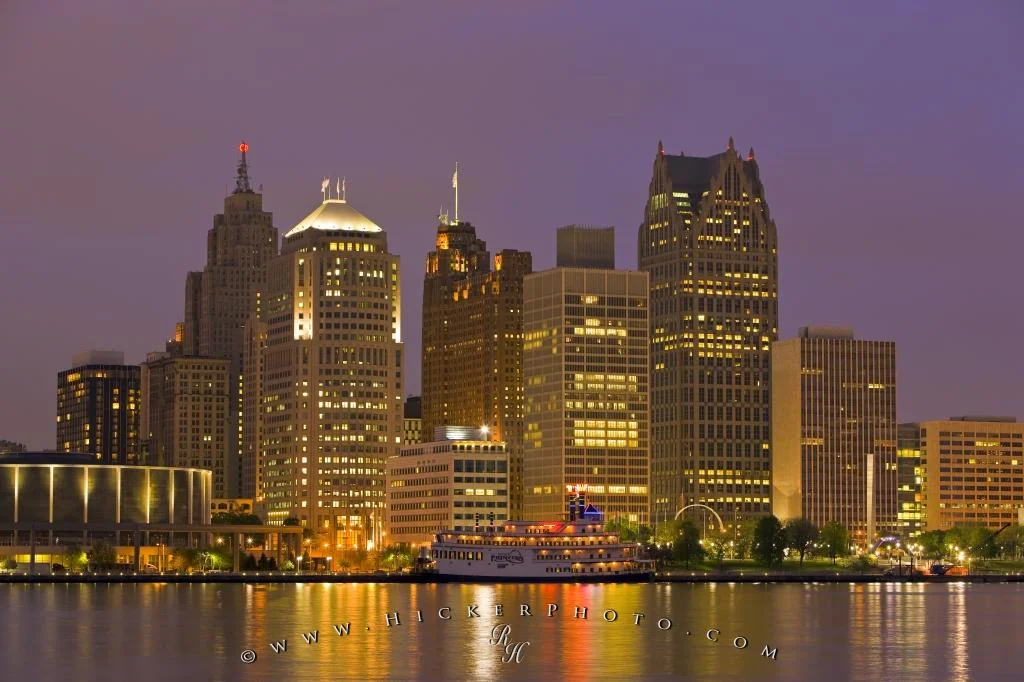 Detroit USA skyline city lights and modern buildings